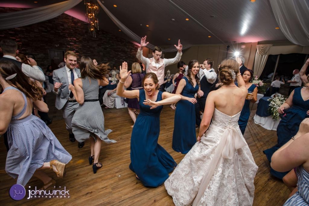 Wedding reception guests dancing and celebrating